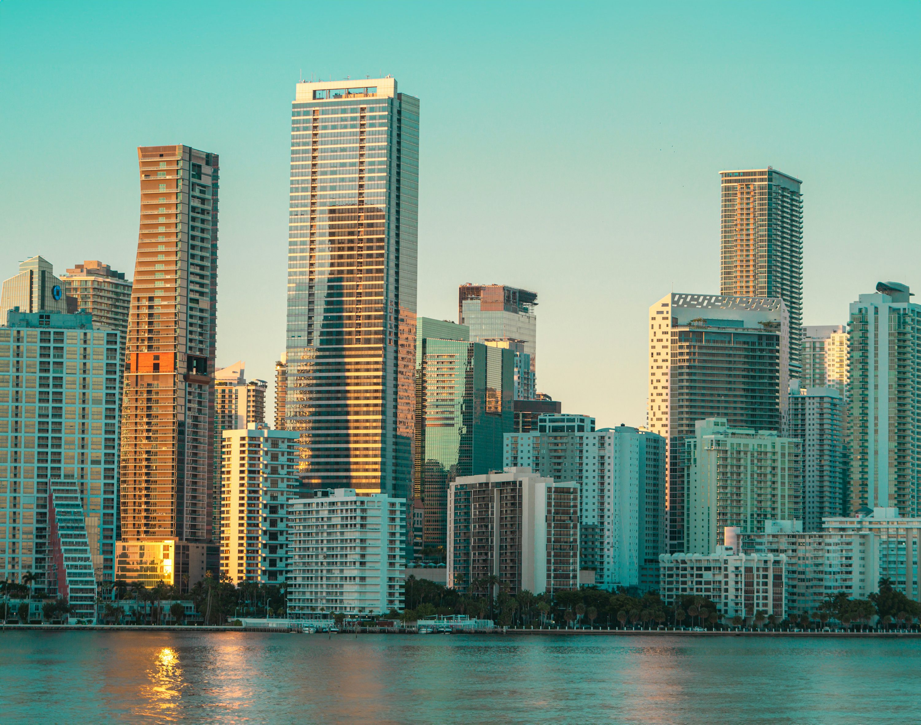 Golden evening light on Brickell’s waterfront skyline
